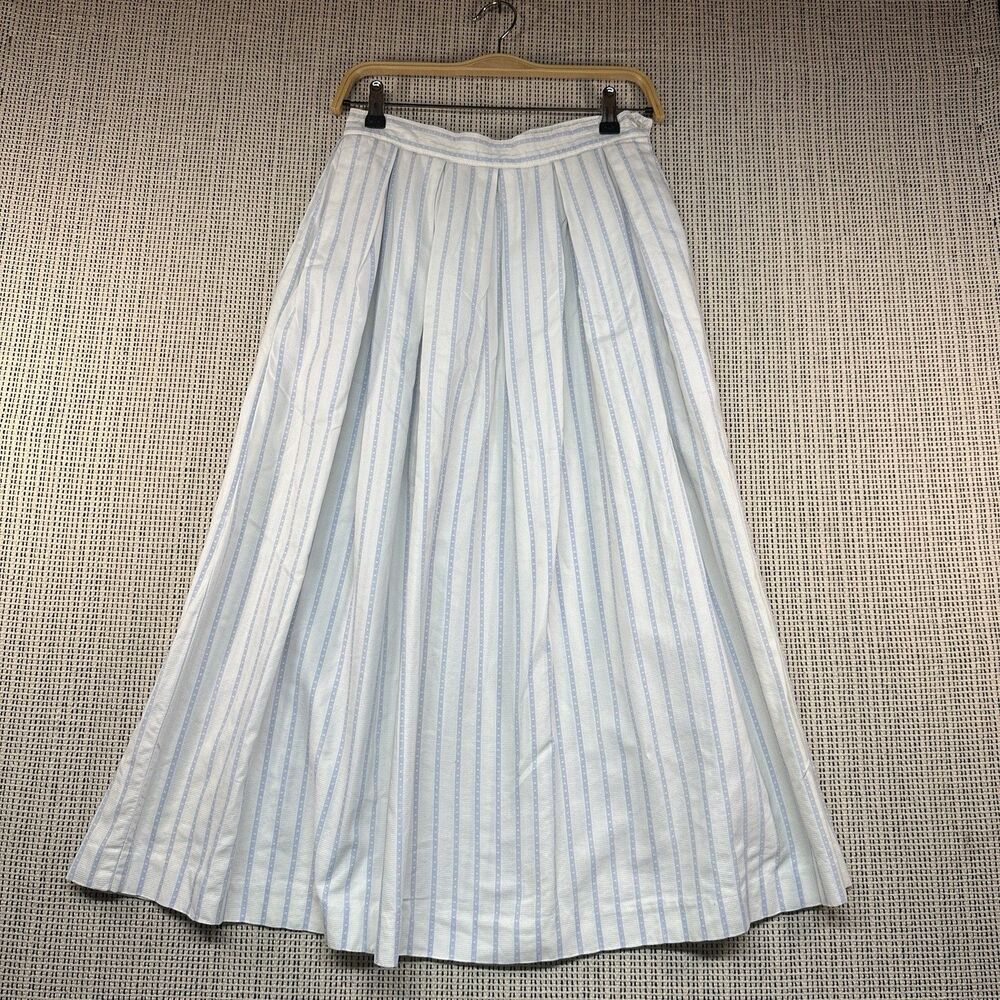 Vintage IZOD Cottagecore Coastal Blue White Stripe Midi Skirt Cotton Sz 4/6